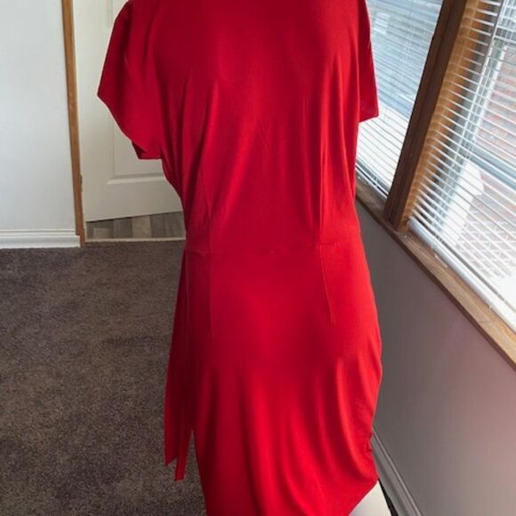 INC International Concept Red Cap sleeves tie Faux front wrap dress, size L - Picture 3 of 5